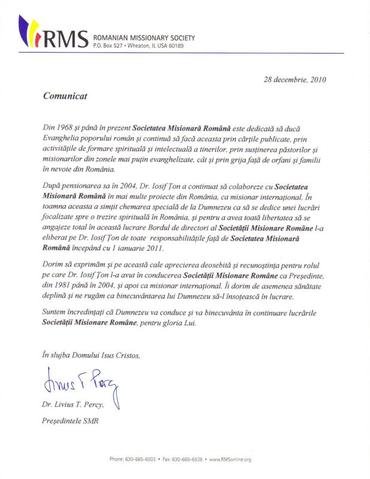 Comunicat Societatea Misionara Romana!